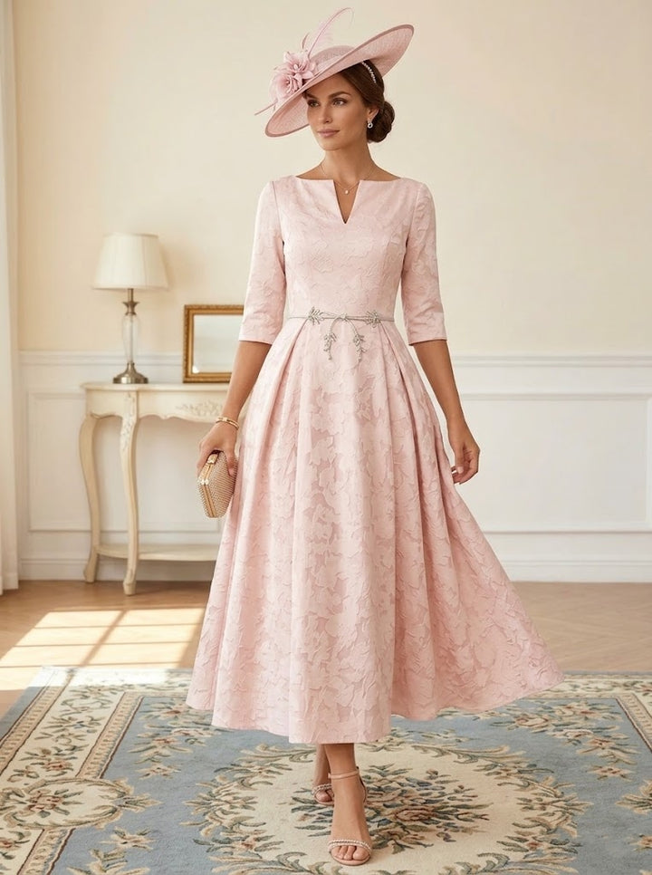 Robe mère de la mariée ligne A, col V, floral burnout, manches 3/4, longueur midi, ceinture