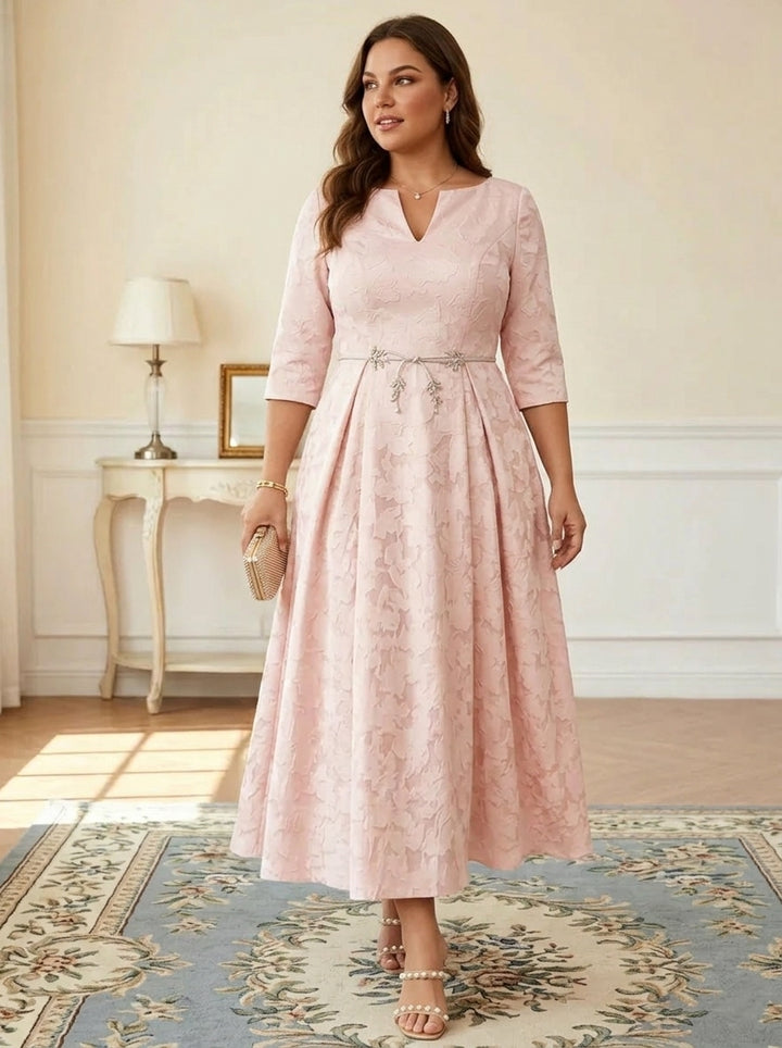 Robe mère de la mariée, Taille Plus, Ligne A/Princesse, Burnout Floral, Manches 3/4, Longueur du Thé