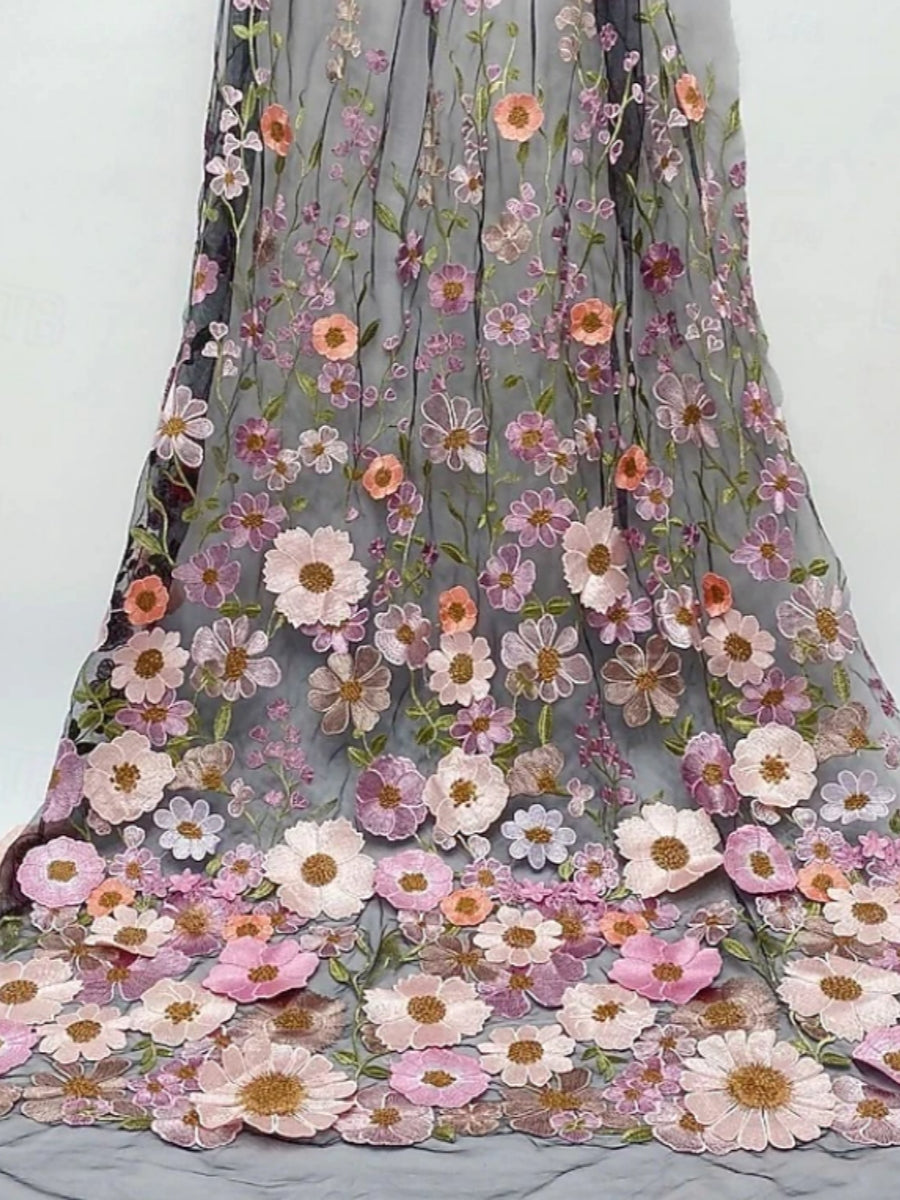 Robe mère de la mariée ligne A, dentelle col rond, broderie florale, manches 3/4, longueur cheville