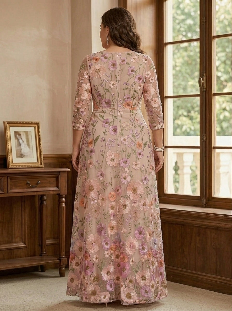 Robe mère de la mariée, Taille Plus, Ligne A/Princesse, Col Rond, Manches 3/4, Longueur de la Cheville, Dentelle