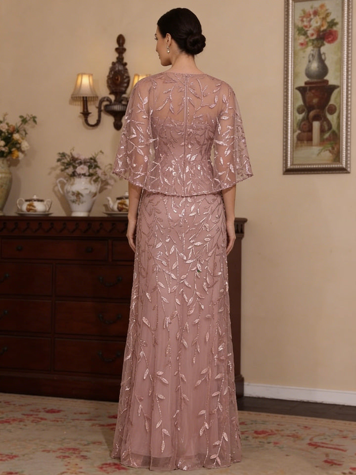 Robe mère de la mariée ligne A, dentelle col rond, manches cape, longueur sol, sequins, imprimé floral