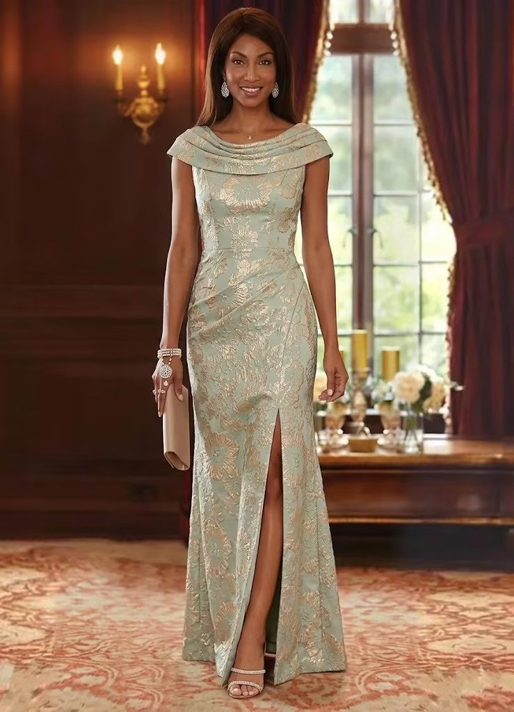Robe mère de la mariée fourreau, jacquard col drapé, imprimé floral, sans manches, longueur sol