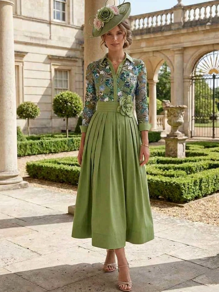 Robe mère de la mariée ligne A, satin col chemisier, dentelle, sequins, manches 3/4, longueur midi, imprimé floral, fleurs 3D