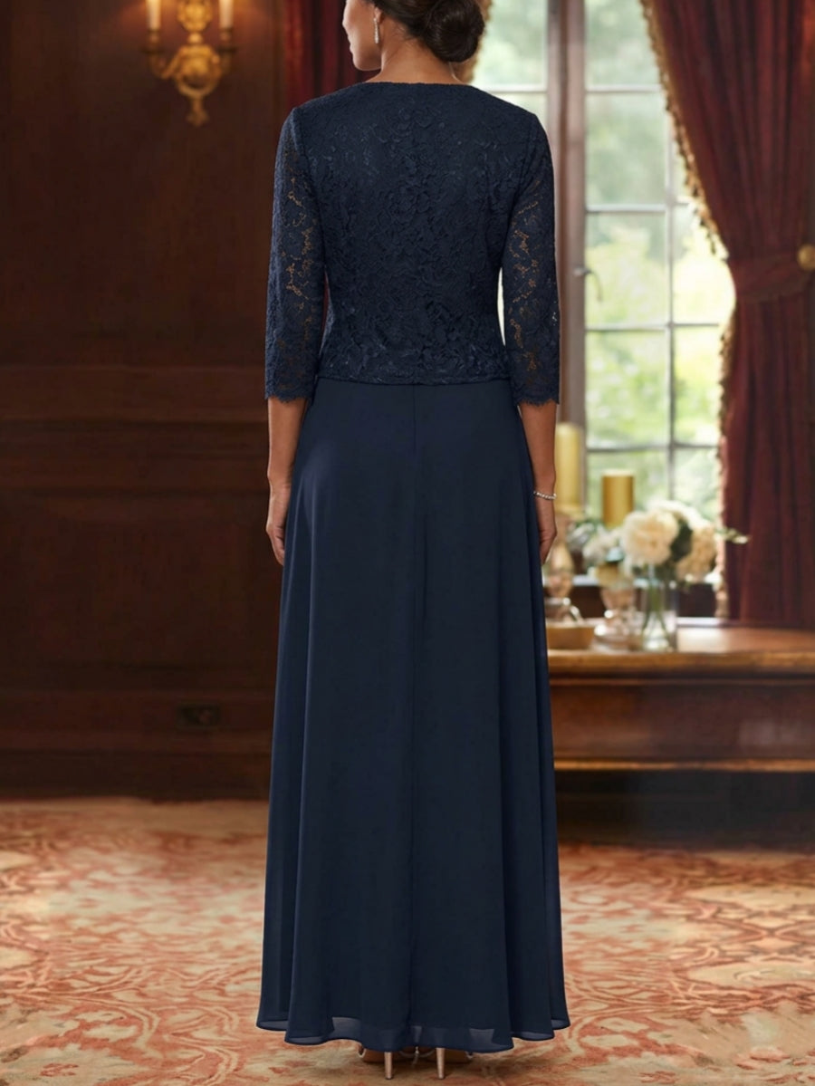 Ensemble 2 pièces mère de la mariée ligne A, mousseline col carré, veste dentelle, manches 3/4, longueur cheville
