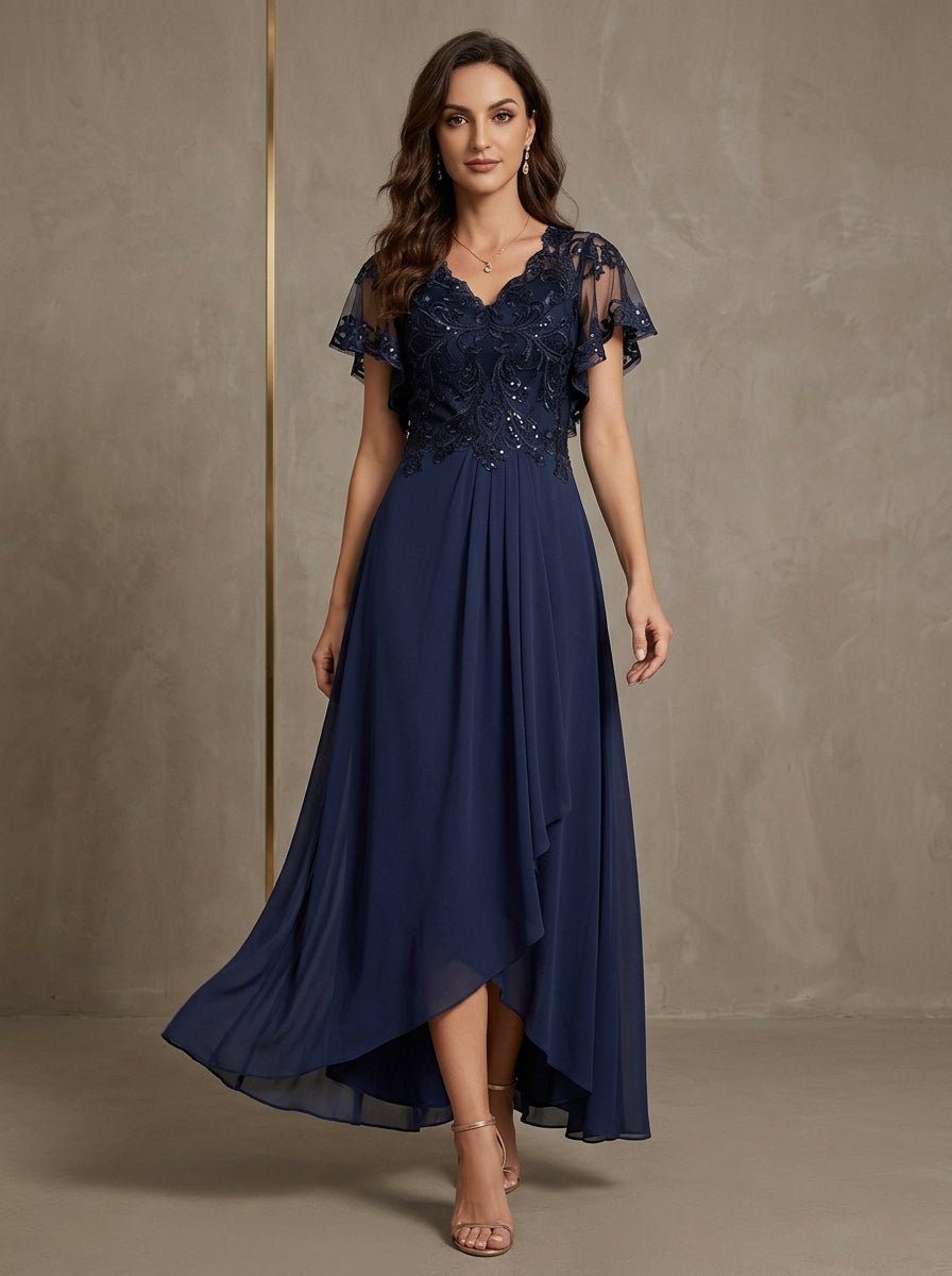 Robe mère de la mariée ligne A, mousseline col V, asymétrique, dentelle, sequins, manches courtes, longueur cheville