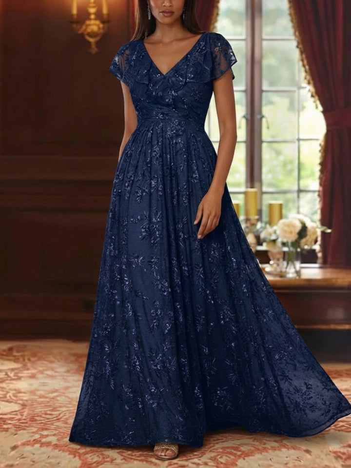 Robe mère de la mariée ligne A, col V, sequins, dentelle, manches courtes, imprimé floral, longueur sol