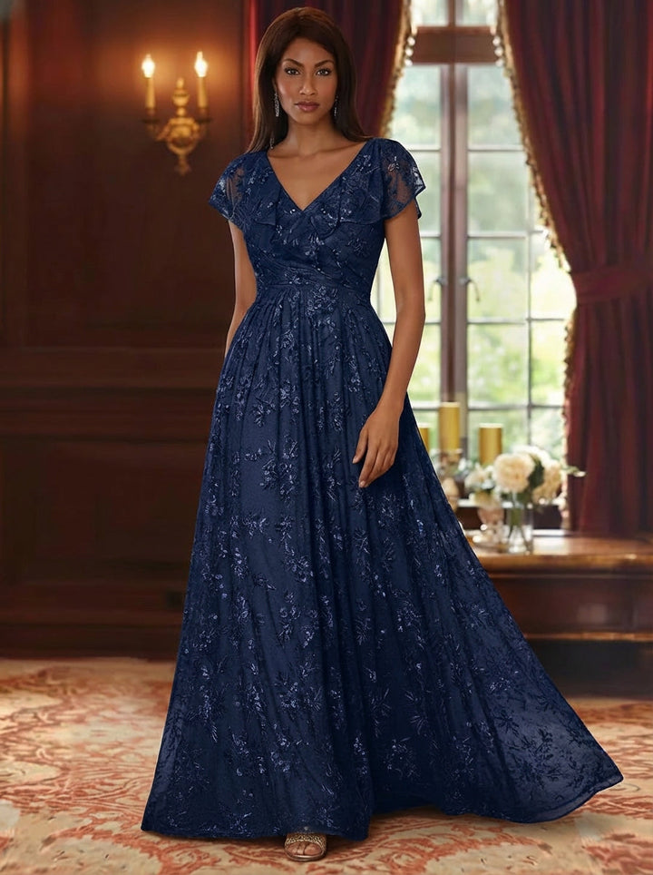 Robe mère de la mariée ligne A, col V, sequins, dentelle, manches courtes, imprimé floral, longueur sol