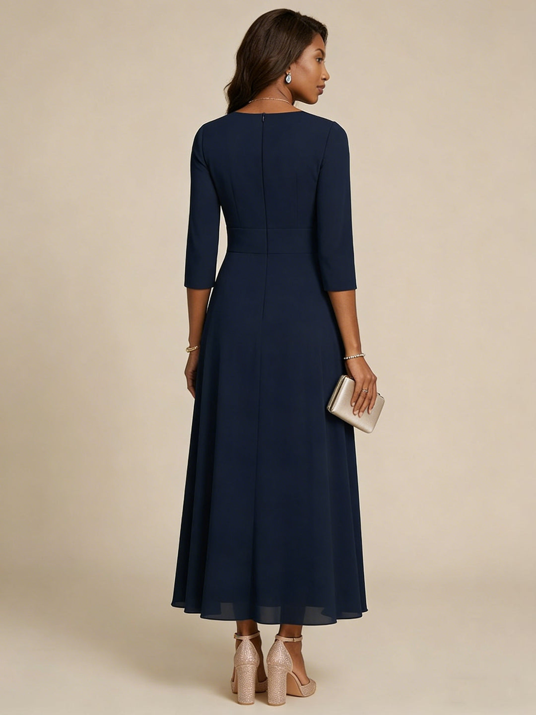 Robe mère de la mariée ligne A, mousseline col rond, manches 3/4, dentelle, longueur midi, imprimé floral
