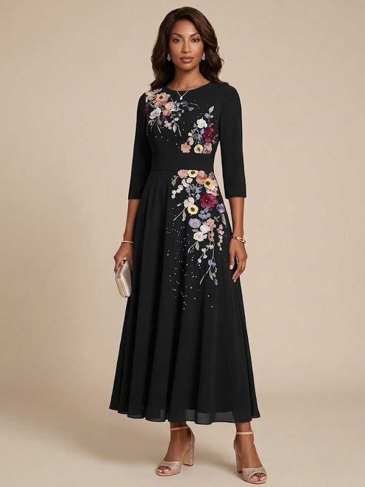 Robe mère de la mariée ligne A, mousseline col rond, manches 3/4, dentelle, longueur midi, imprimé floral