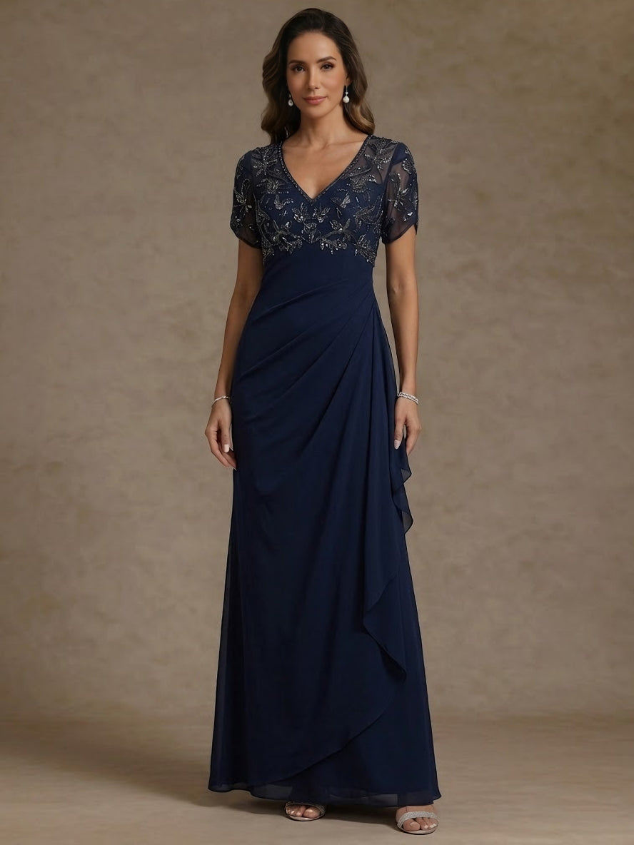 Robe mère de la mariée fourreau col V, manches courtes mousseline, sequins, volants, longueur cheville