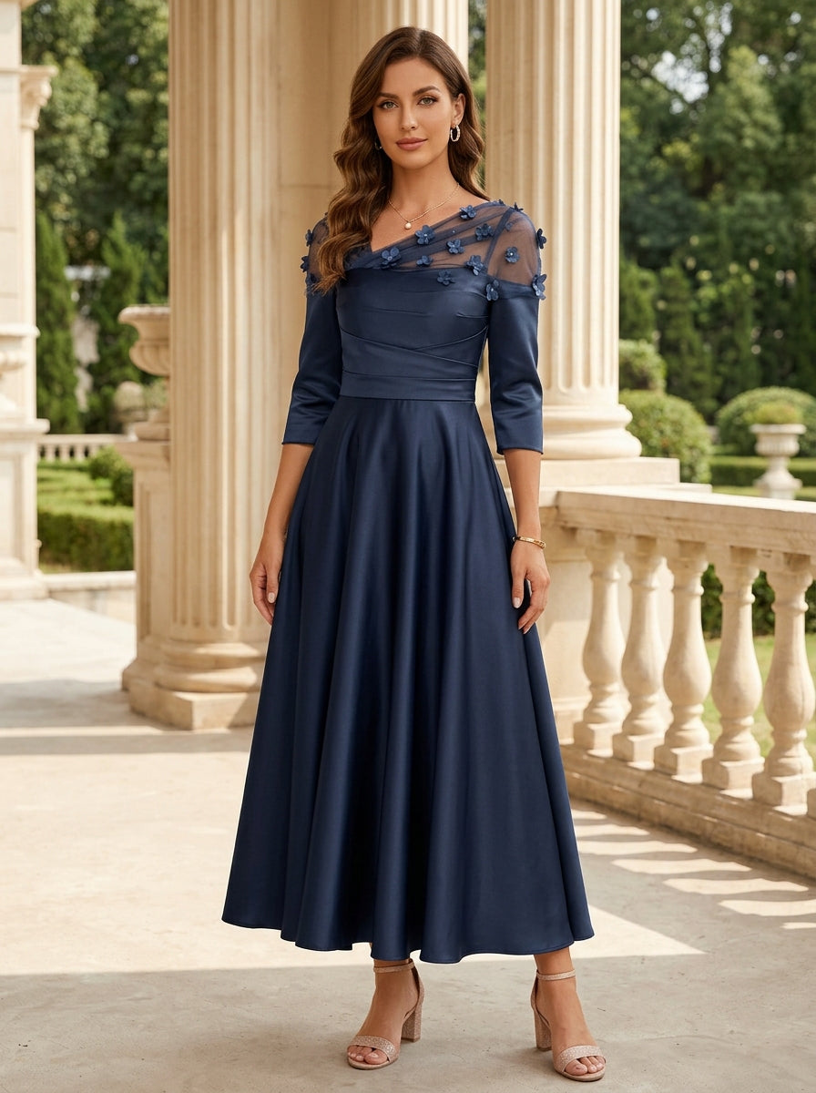 Robe mère de la mariée ligne A col V, satin acétate, manches 3/4, floral, longueur midi, fleurs 3D