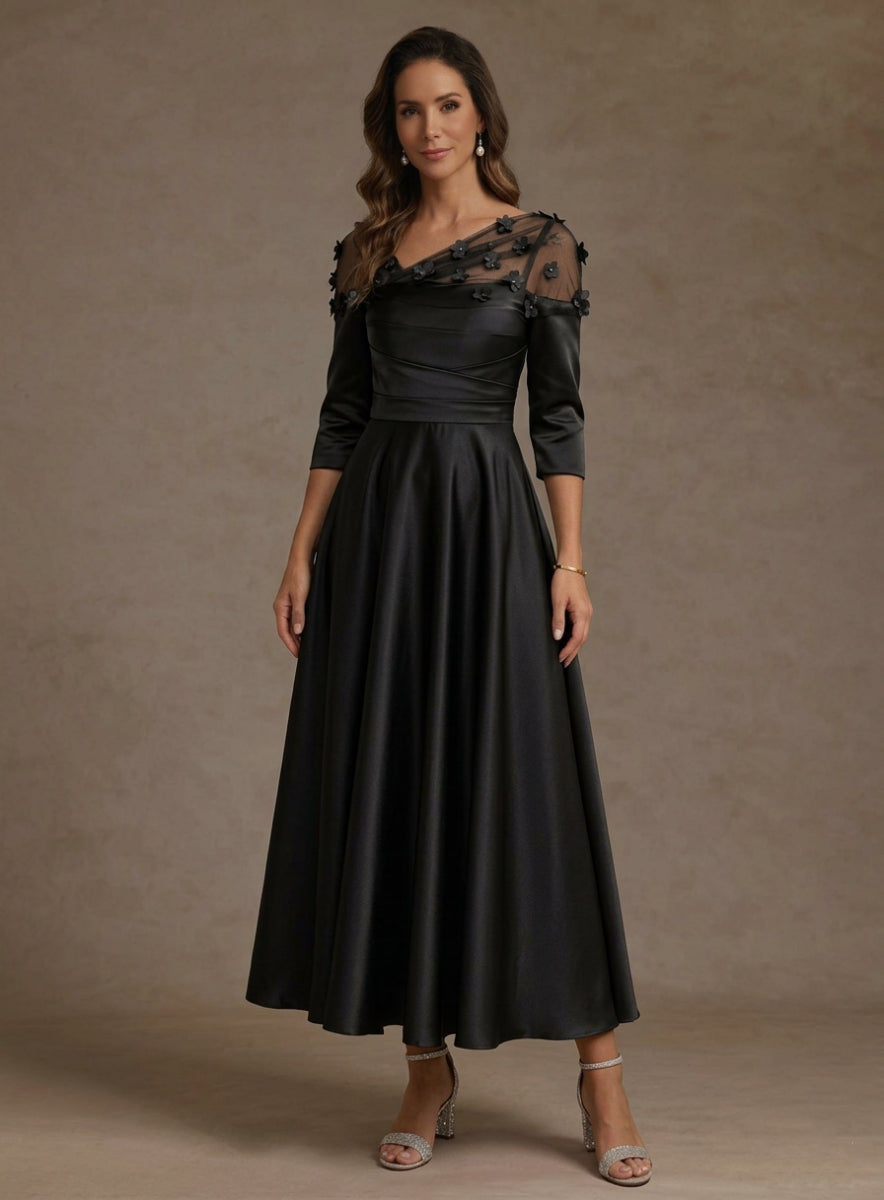 Robe mère de la mariée ligne A col V, satin acétate, manches 3/4, floral, longueur midi, fleurs 3D