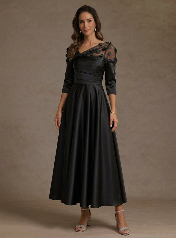 Robe mère de la mariée ligne A col V, satin acétate, manches 3/4, floral, longueur midi, fleurs 3D
