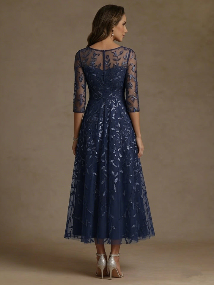 Robe mère de la mariée ligne A col rond, dentelle sequins, manches 3/4, floral, longueur midi