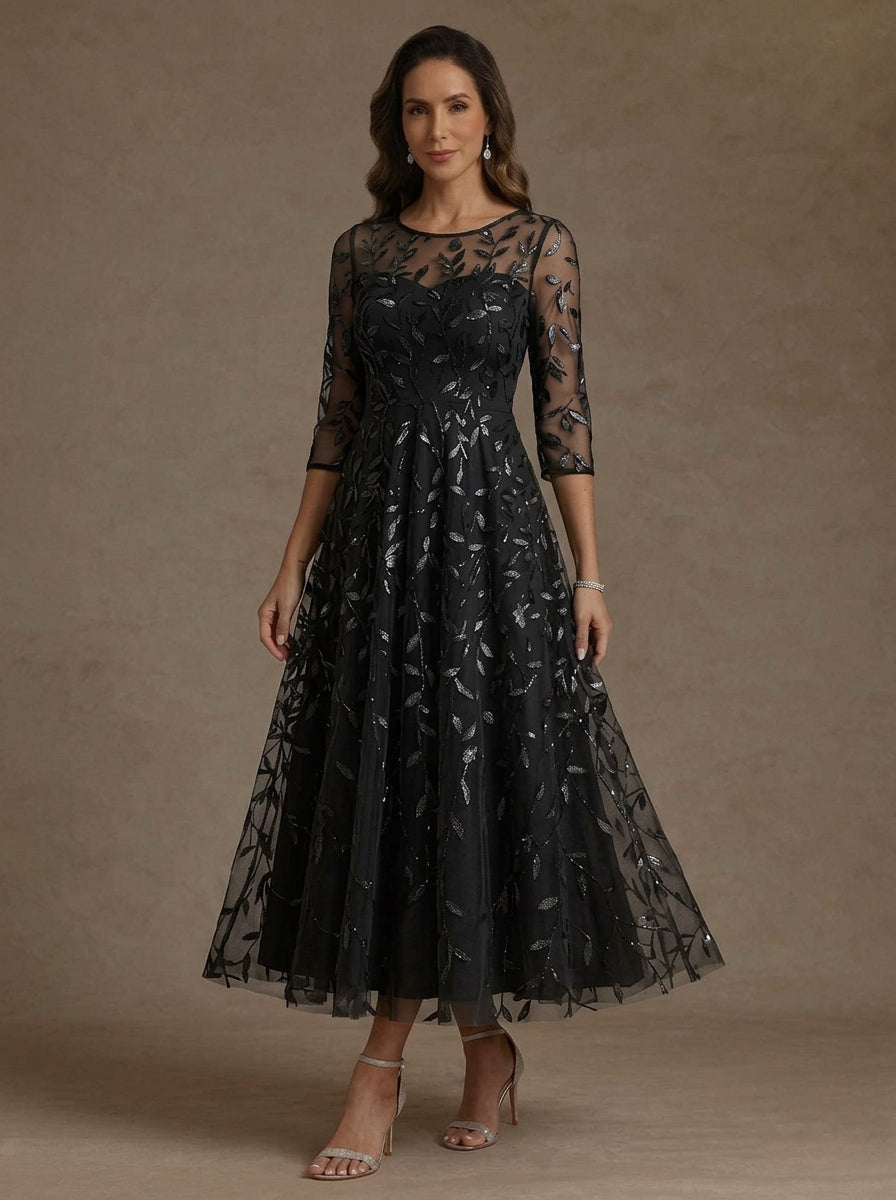 Robe mère de la mariée ligne A col rond, dentelle sequins, manches 3/4, floral, longueur midi