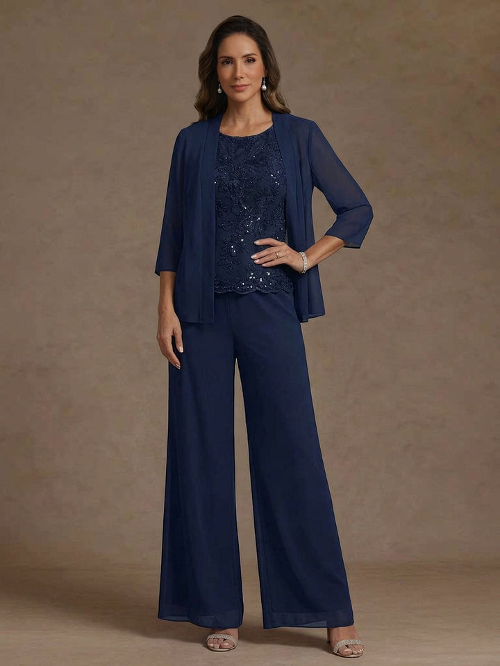 Ensemble pantalon 3 pièces mère de la mariée, mousseline col rond, veste, manches 3/4, dentelle sequins, longueur cheville