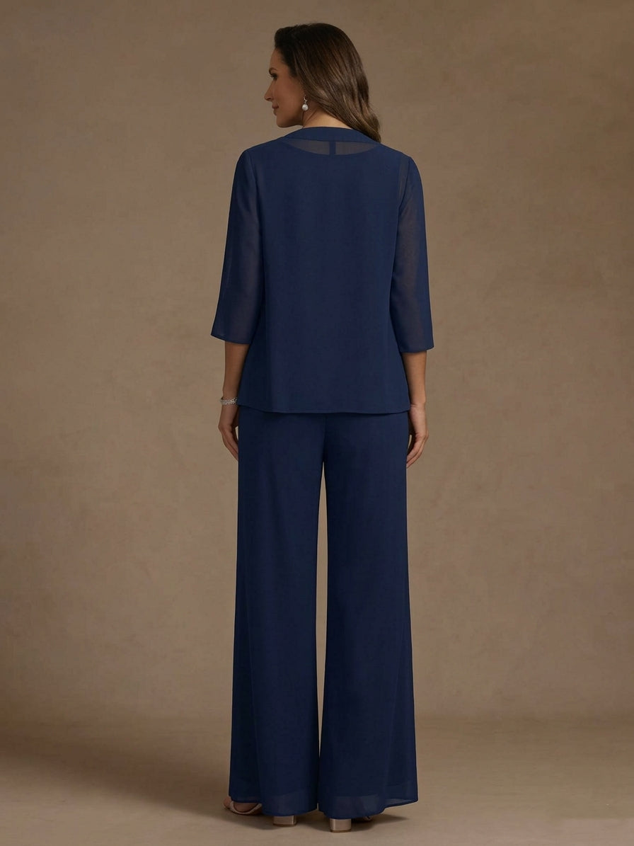 Ensemble pantalon 3 pièces mère de la mariée, mousseline col rond, veste, manches 3/4, dentelle sequins, longueur cheville