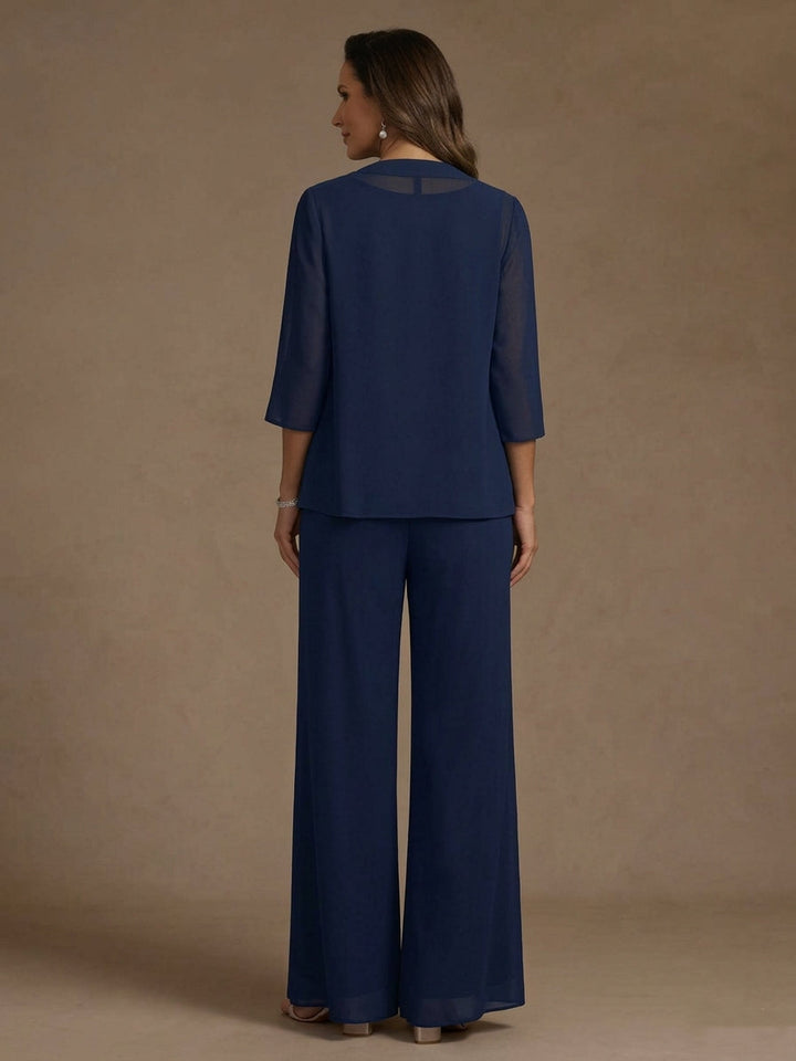 Ensemble pantalon 3 pièces mère de la mariée, mousseline col rond, veste, manches 3/4, dentelle sequins, longueur cheville