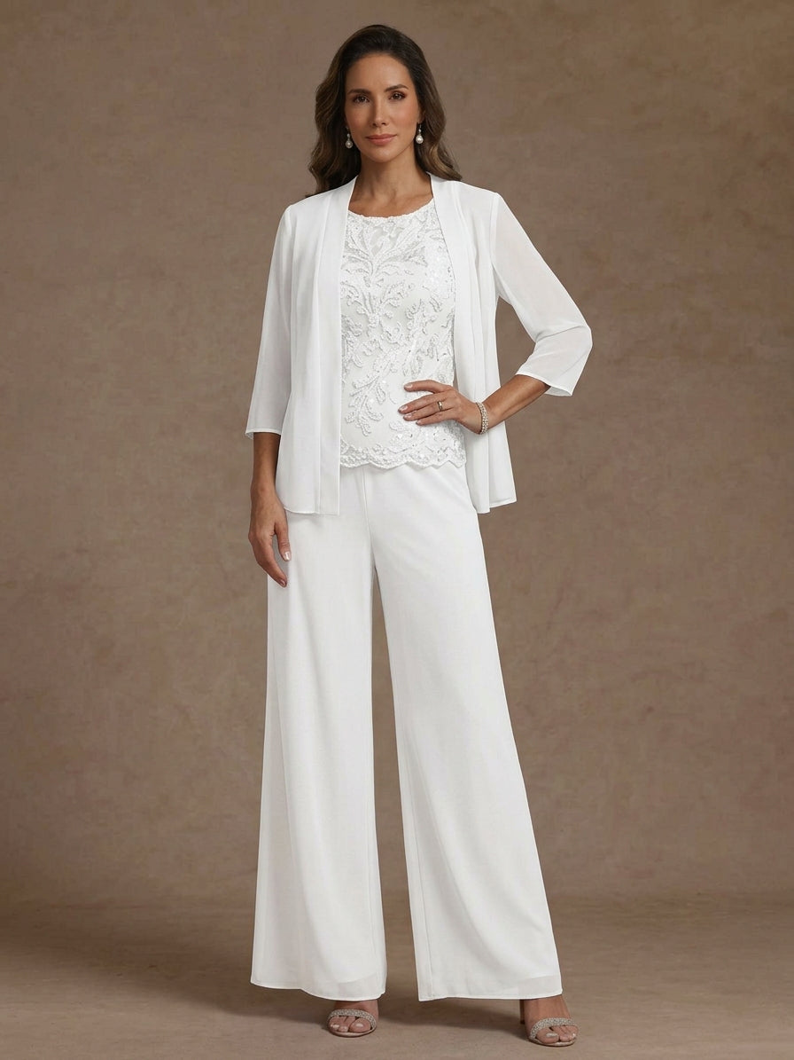 Ensemble pantalon 3 pièces mère de la mariée, mousseline col rond, veste, manches 3/4, dentelle sequins, longueur cheville