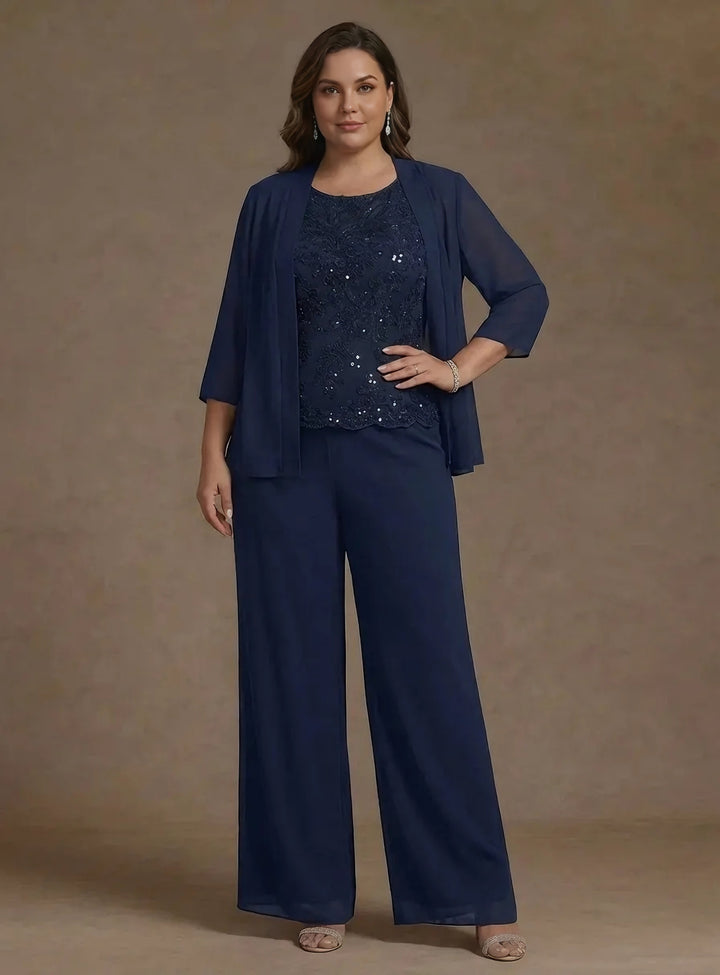 Ensemble 3 pièces en mousseline pour mère de la mariée, taille plus, pantalon-suit avec veste, col rond, manches 3/4, Longueur de La Cheville, dentelle, paillettes