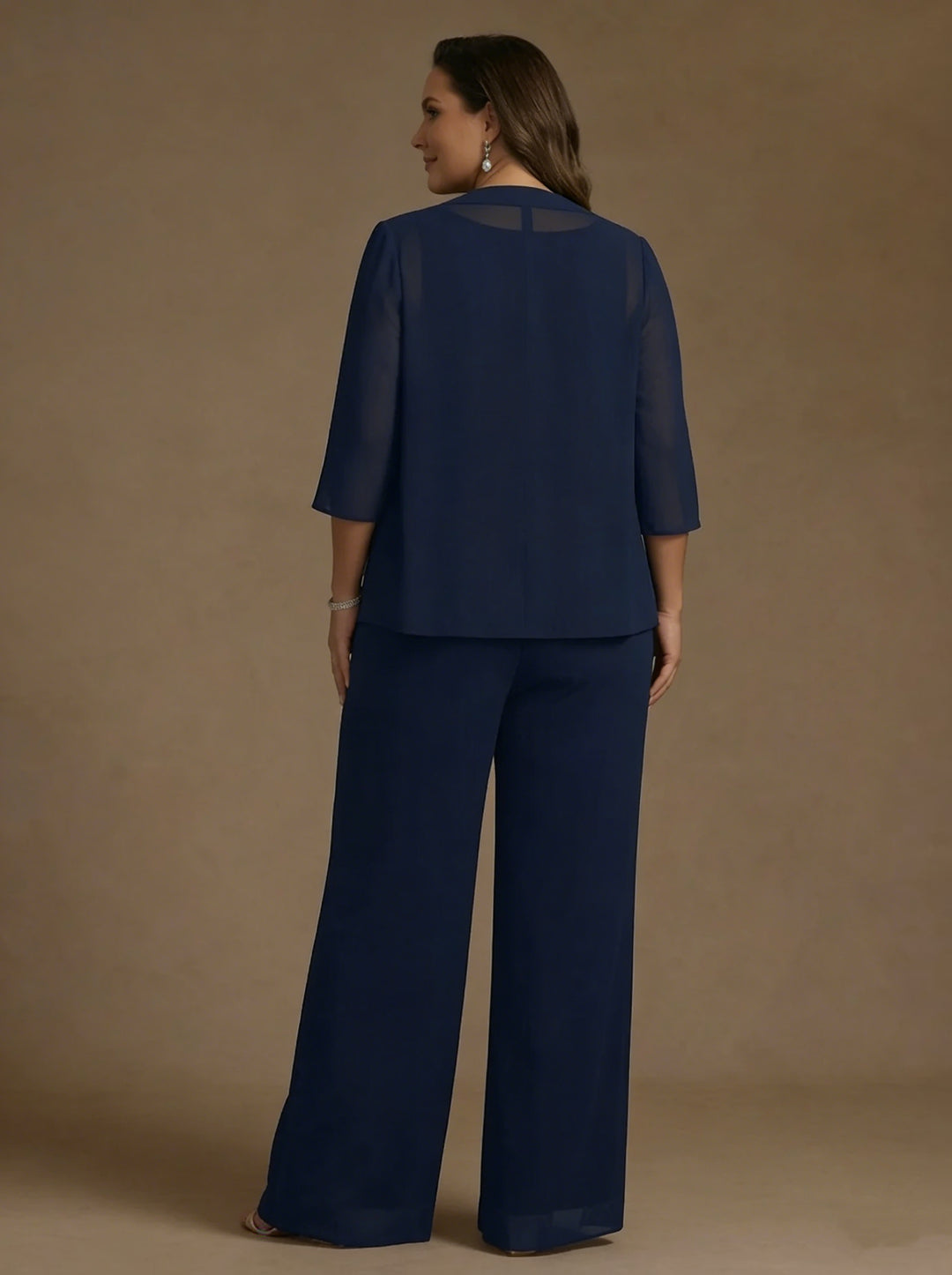Ensemble 3 pièces en mousseline pour mère de la mariée, taille plus, pantalon-suit avec veste, col rond, manches 3/4, Longueur de La Cheville, dentelle, paillettes