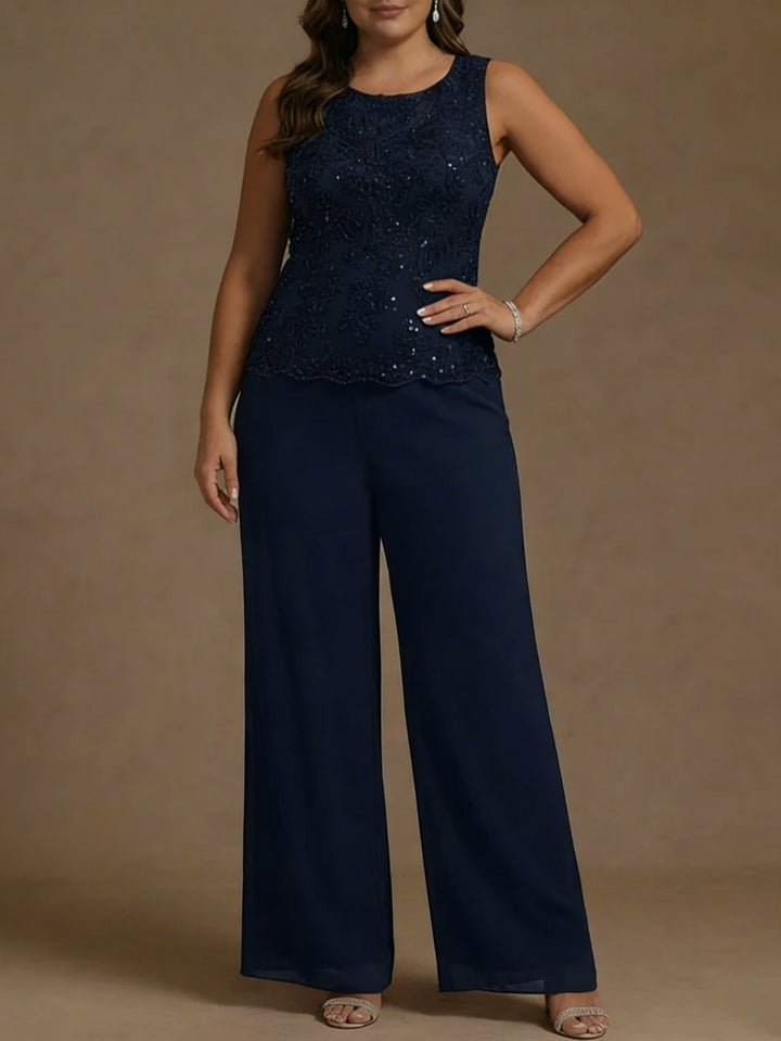 Ensemble 3 pièces en mousseline pour mère de la mariée, taille plus, pantalon-suit avec veste, col rond, manches 3/4, Longueur de La Cheville, dentelle, paillettes