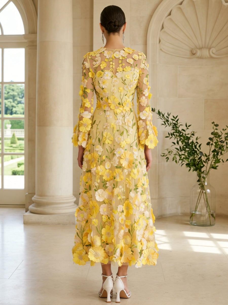Robe mère de la mariée ligne A col rond, dentelle appliques, floral, manches longues, longueur midi