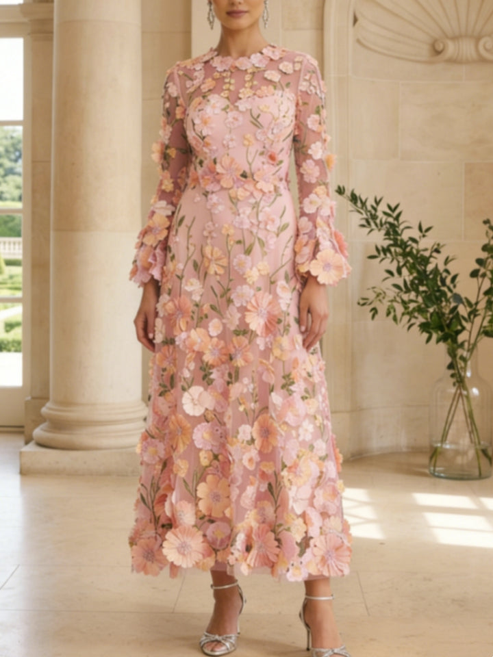 Robe mère de la mariée ligne A col rond, dentelle appliques, floral, manches longues, longueur midi