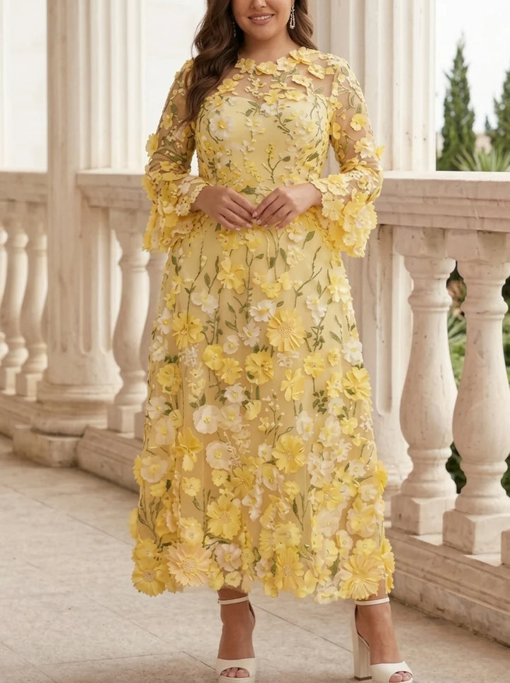 Robe Mère de la Mariée, Grande Taille, Ligne A/Princesse, Col Rond, Manches Longues, Longueur du Thé, Florale