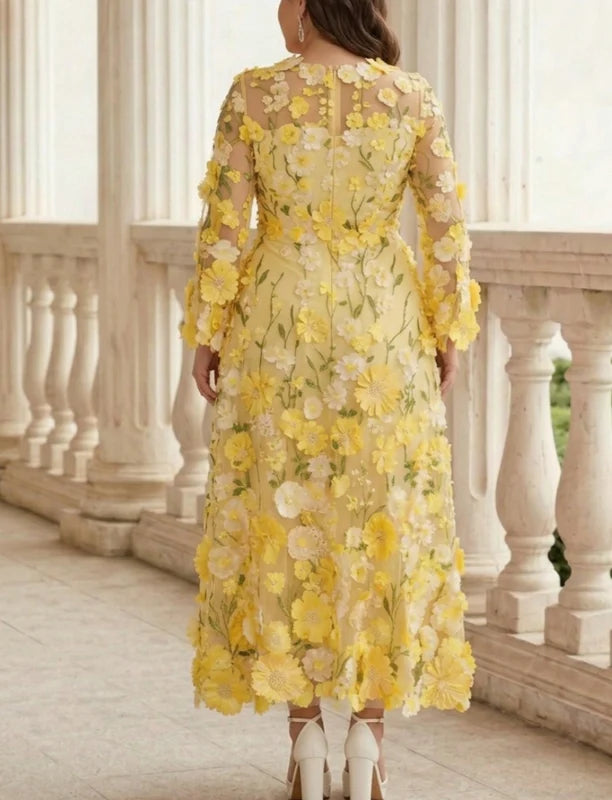 Robe Mère de la Mariée, Grande Taille, Ligne A/Princesse, Col Rond, Manches Longues, Longueur du Thé, Florale