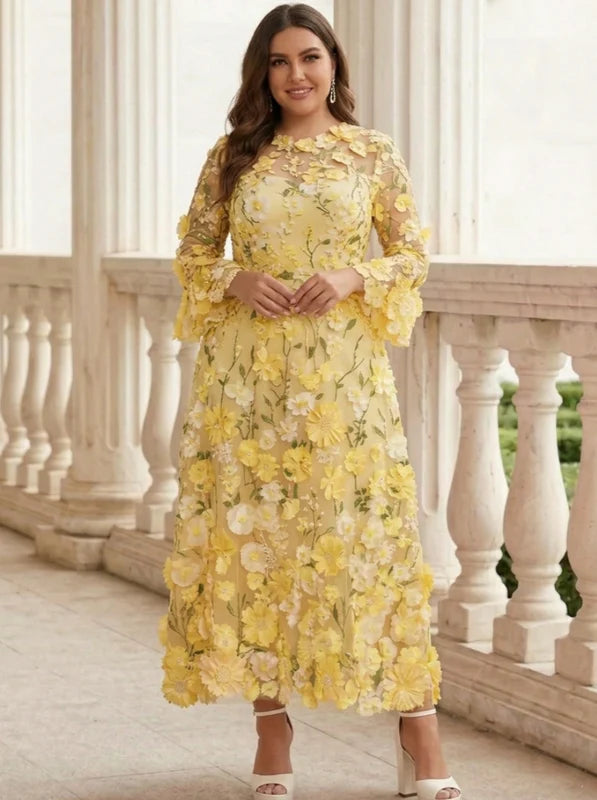 Robe Mère de la Mariée, Grande Taille, Ligne A/Princesse, Col Rond, Manches Longues, Longueur du Thé, Florale