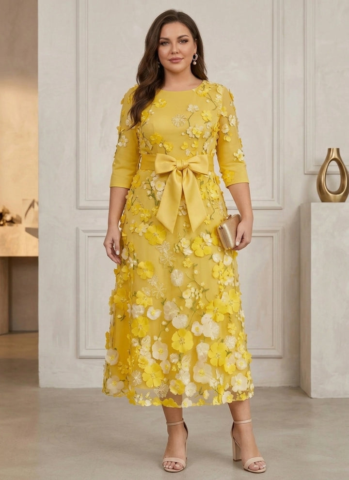 Robe mère de la mariée, Taille Plus, Ligne A/Princesse, Col Rond, Satin, Manches 3/4, Longueur du Thé, avev Nœud Papillon
