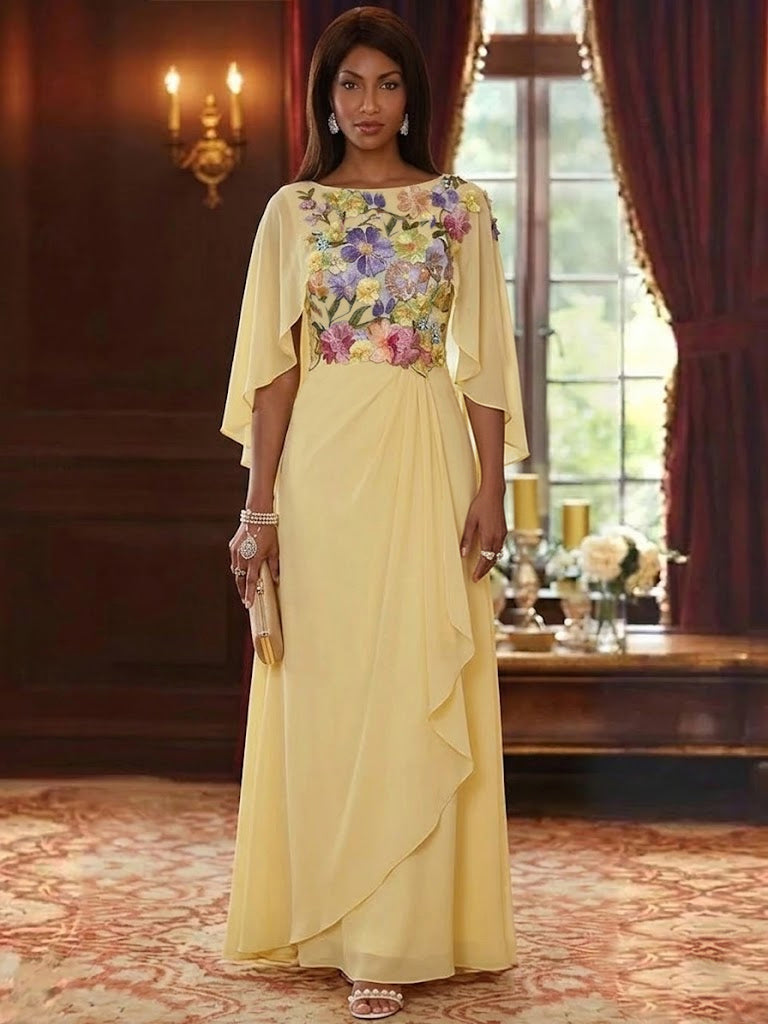 Robe mère de la mariée ligne A mousseline col rond, dentelle florale, manches cape, longueur sol