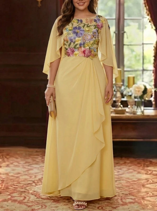 Robe Mère de la Mariée, Grande Taille, Ligne A/Princesse, Col Rond, Manches Cape, Longueur au Sol, Mousseline, Florale