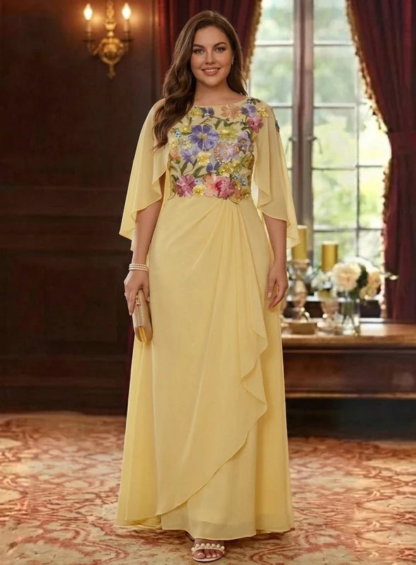 Robe Mère de la Mariée, Grande Taille, Ligne A/Princesse, Col Rond, Manches Cape, Longueur au Sol, Mousseline, Florale