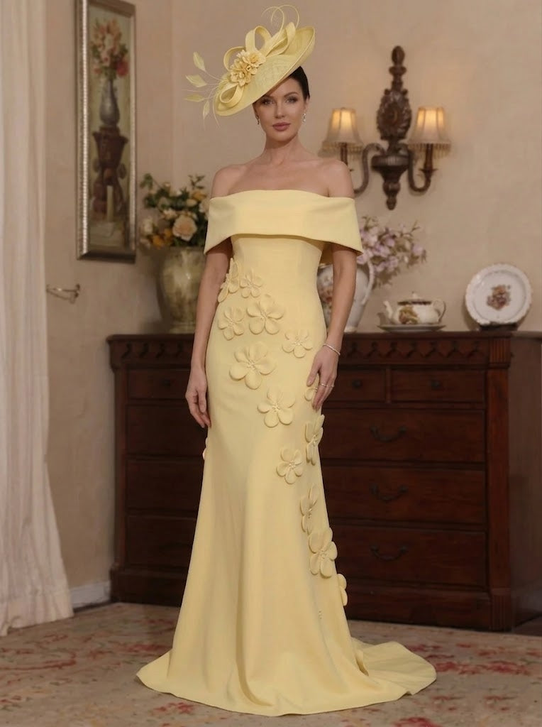 Robe mère de la mariée sirène satin stretch manches tombantes, fleurs 3D, sans manches, longueur sol
