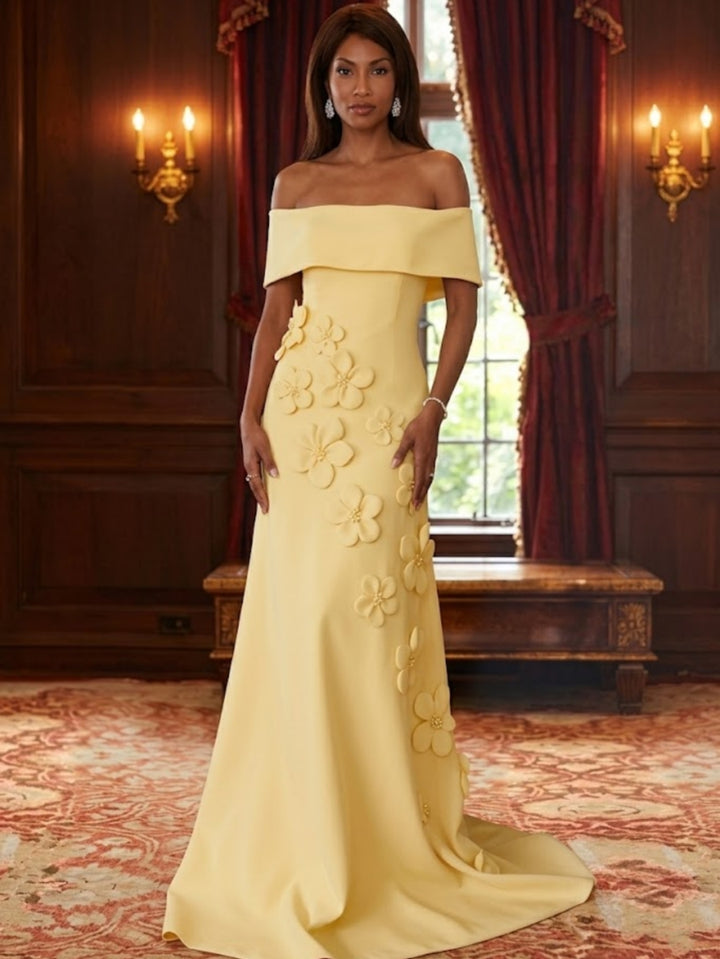 Robe mère de la mariée sirène satin stretch manches tombantes, fleurs 3D, sans manches, longueur sol
