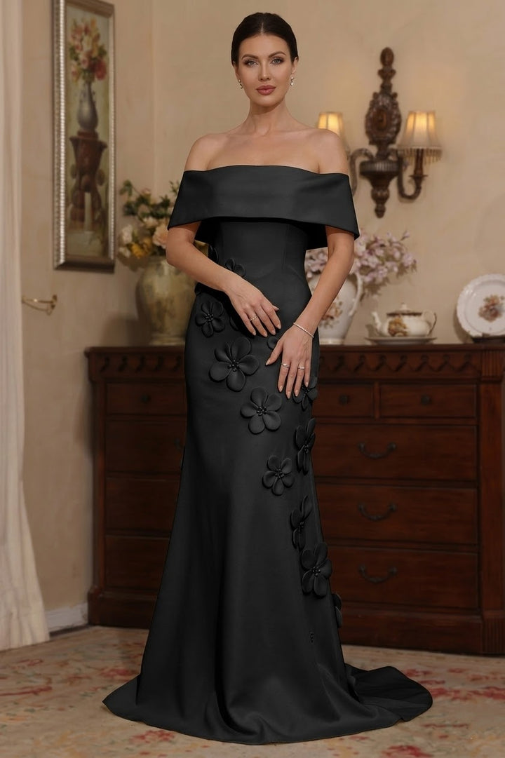 Robe mère de la mariée sirène satin stretch manches tombantes, fleurs 3D, sans manches, longueur sol