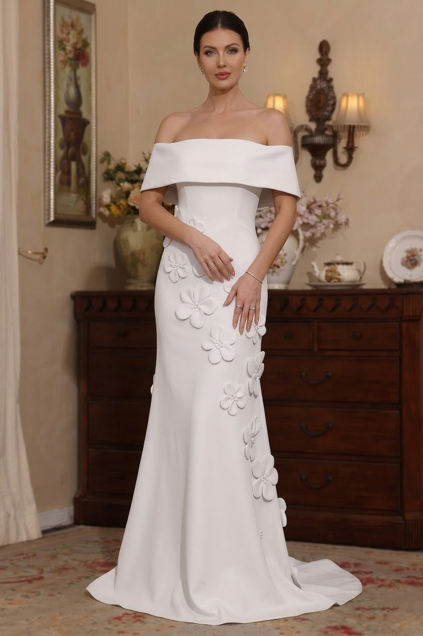 Robe mère de la mariée sirène satin stretch manches tombantes, fleurs 3D, sans manches, longueur sol
