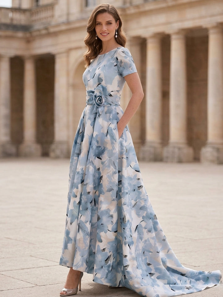 Robe mère de la mariée ligne A satin col rond, floral, manches courtes, asymétrique, longueur cheville, traîne