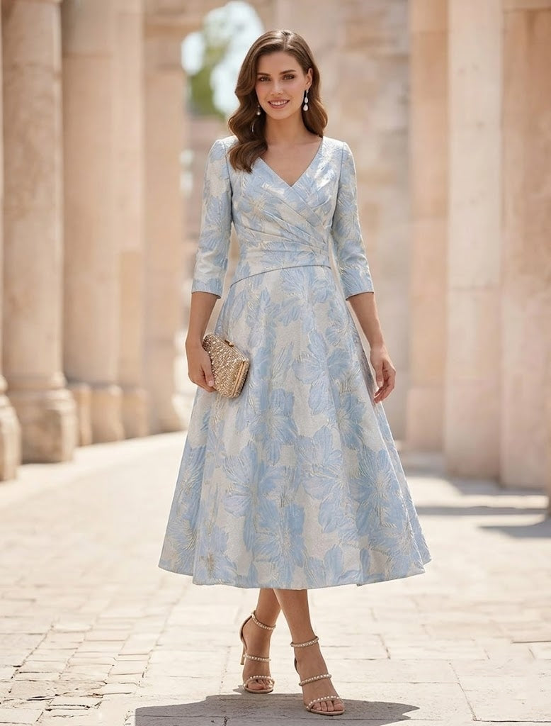 Robe de mariée courte manches 3/4 satin floral décolleté en V ligne princesse