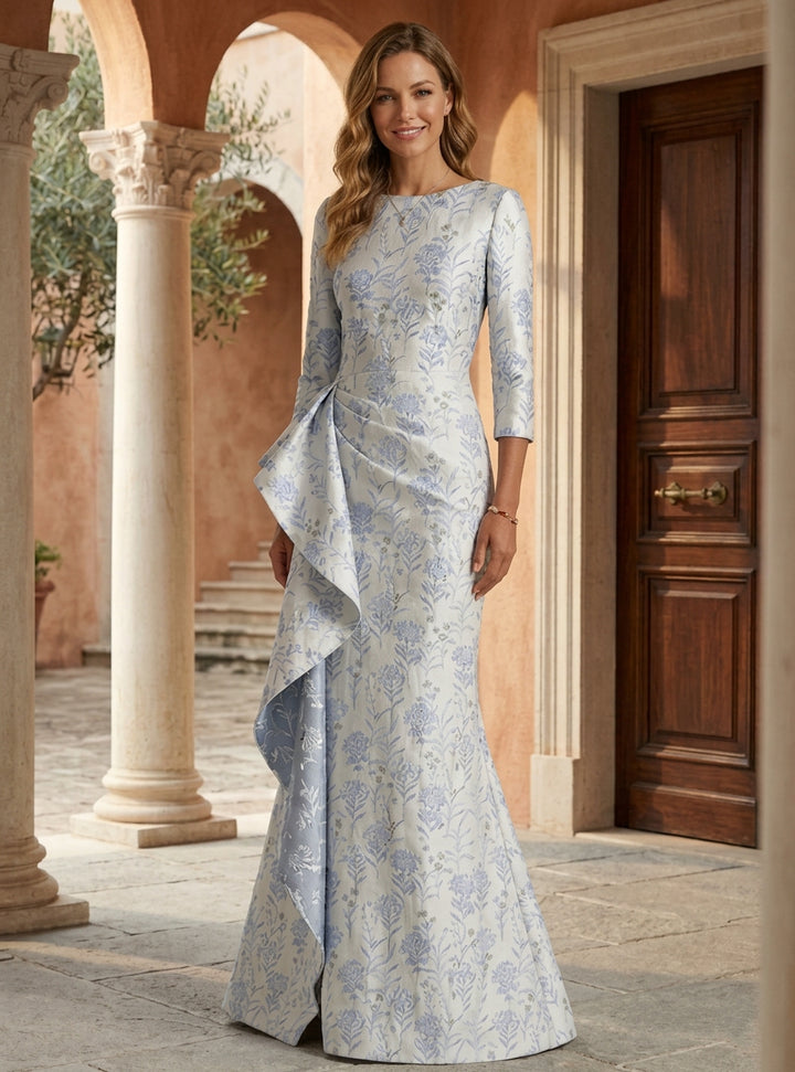 Robe mère de la mariée sirène satin col rond, floral, manches 3/4, volants, longueur sol