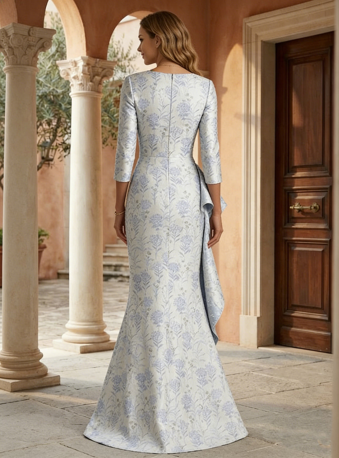 Robe mère de la mariée sirène satin col rond, floral, manches 3/4, volants, longueur sol