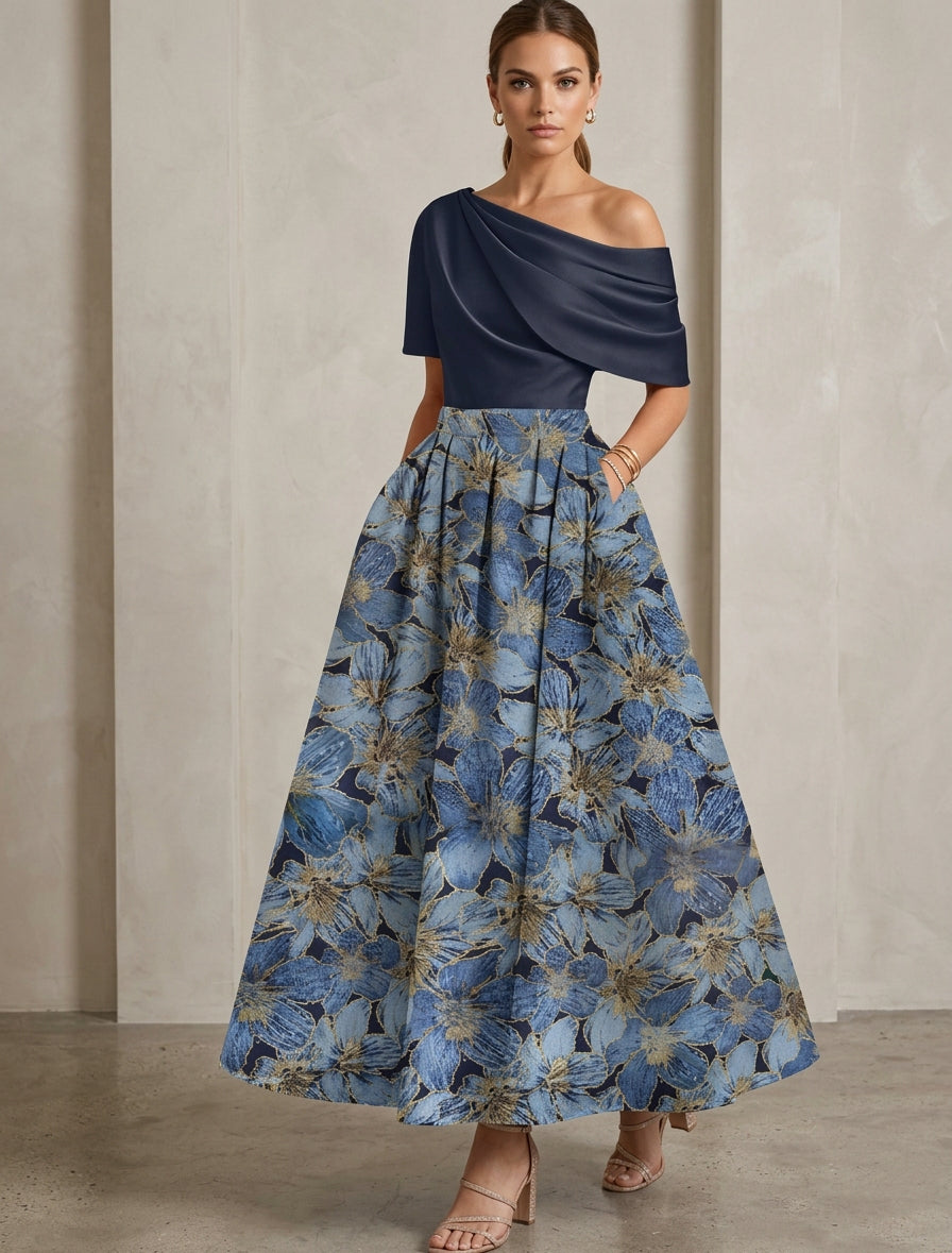 Robe mère de la mariée ligne A satin une épaule, floral, manches courtes, longueur cheville