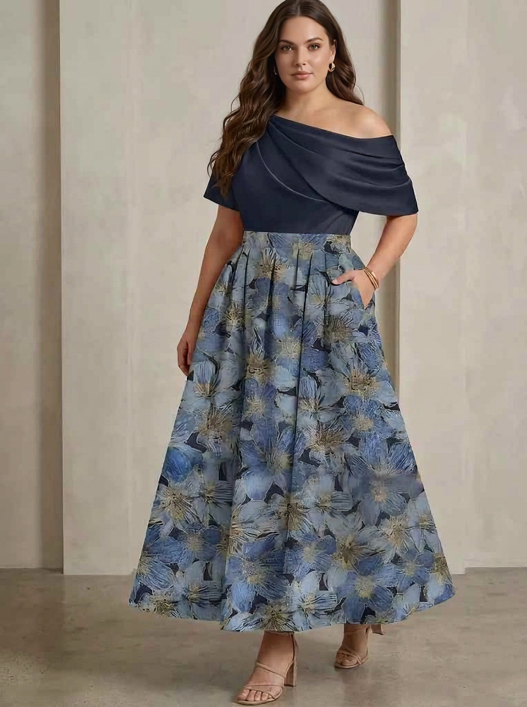 Robe mère de la mariée en satin, taille plus, ligne A/princesse, une épaule, floral, manches courtes, Longueur de La Cheville