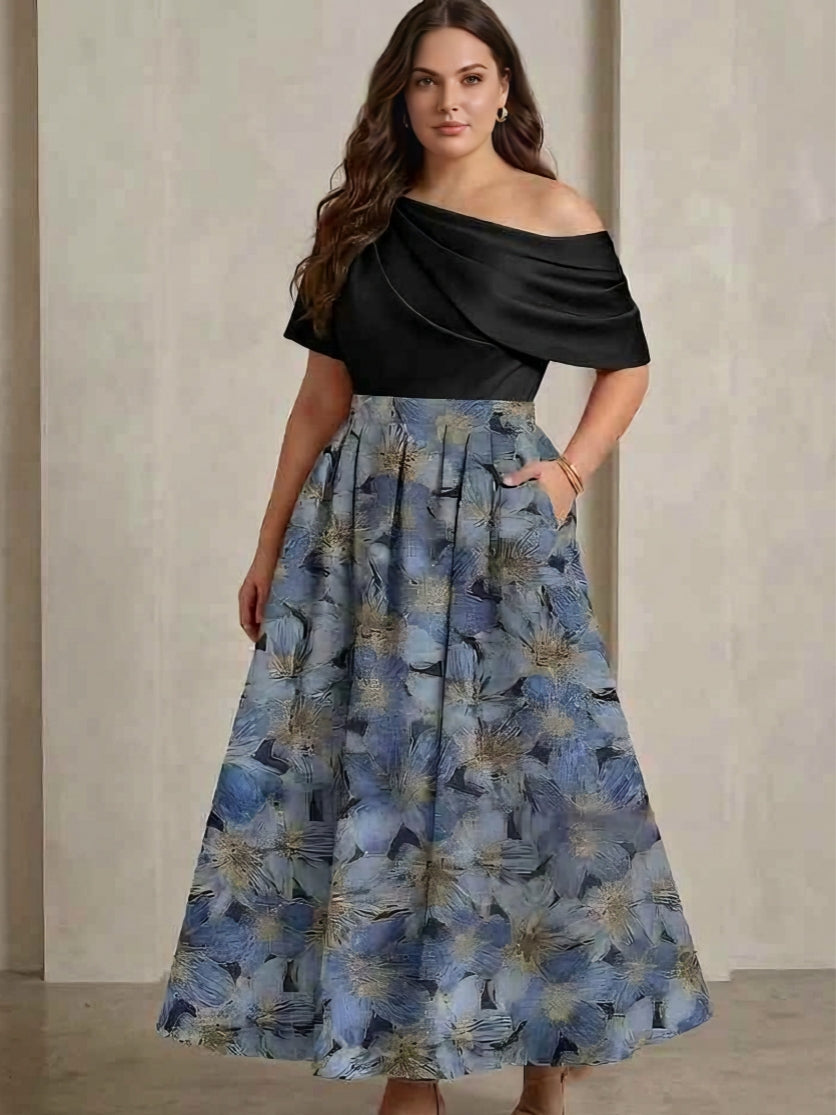 Robe mère de la mariée en satin, taille plus, ligne A/princesse, une épaule, floral, manches courtes, Longueur de La Cheville
