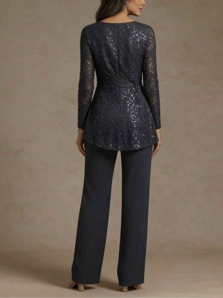 Ensemble pantalon 3 pièces mère de la mariée mousseline col rond, dentelle, manches longues, longueur cheville