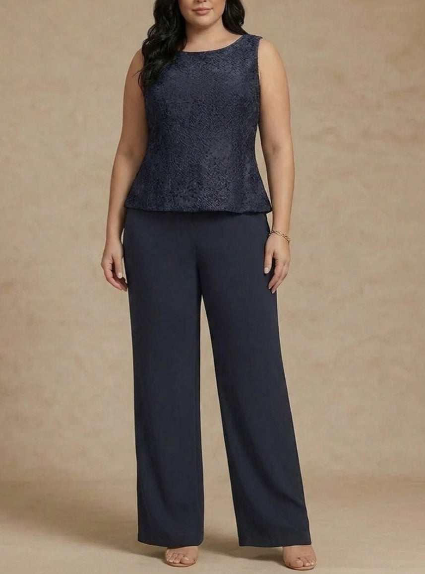 Robe mère de la mariée, Taille Plus, 3 Pièces, Costume-Pantalon, Col Rond, Mousseline, Sans Longues, Longueur de la Cheville, Dentelle