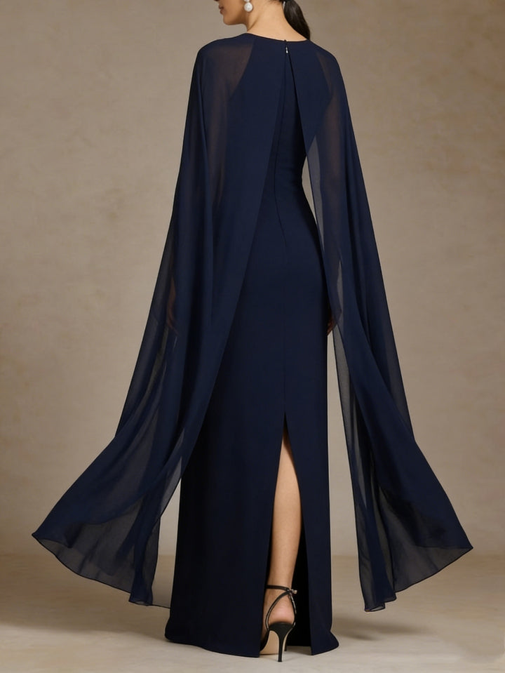 Robe mère de la mariée fourreau mousseline col rond, cape, sans manches, longueur sol