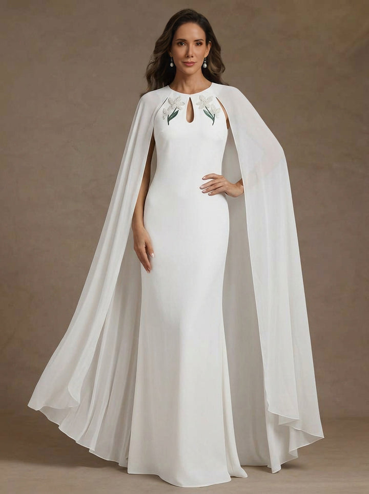 Robe mère de la mariée fourreau mousseline col rond, cape, sans manches, longueur sol
